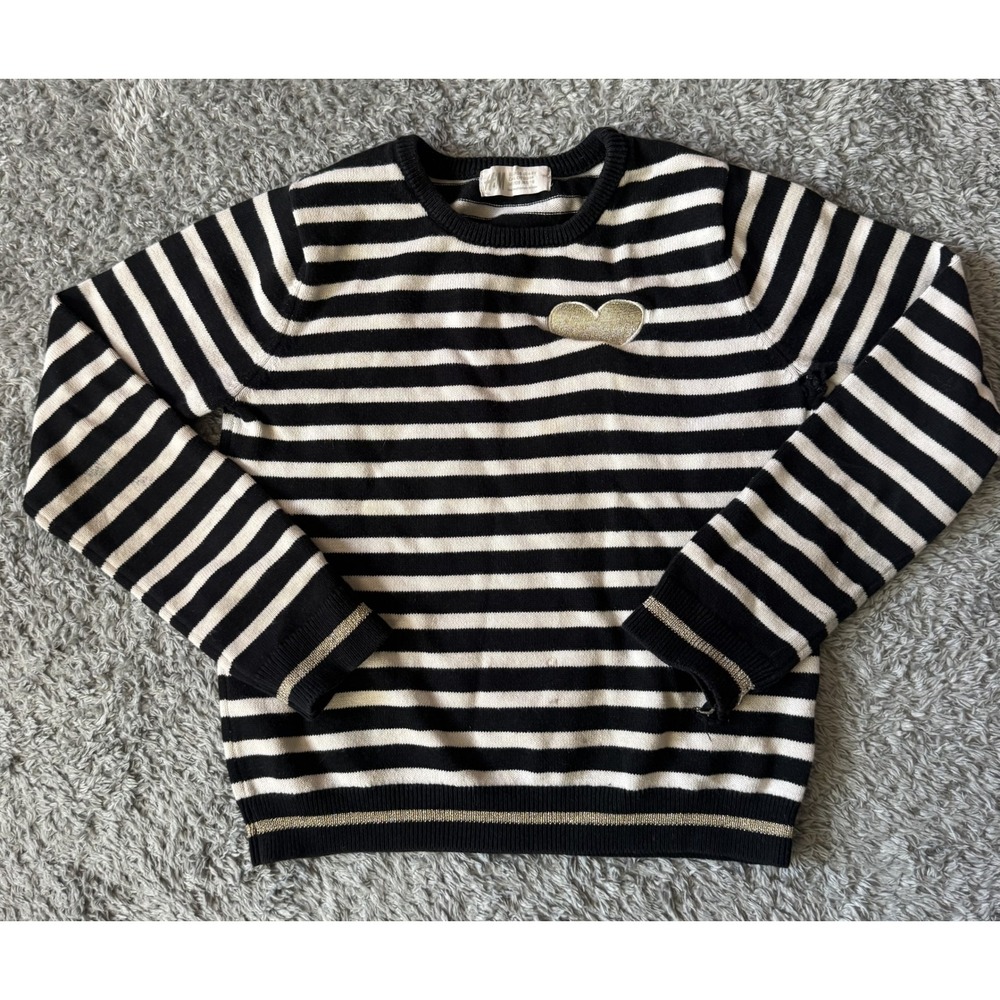 H&M Girls Striped Heart Sweater Size 6-8Y Black White Gold Glitter Patch